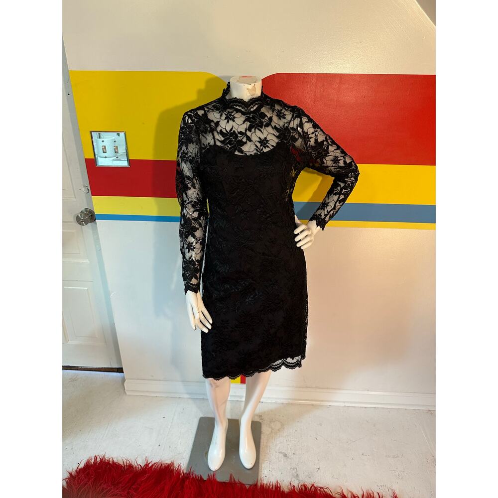 1990s 90s vintage black lace midi party dress s whimsy goth expo nite mock neck